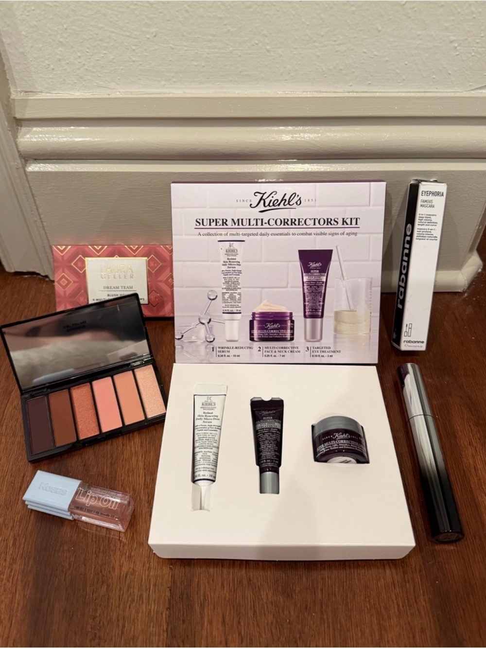 Kiehl's correctors mini kit, eyephoria mascara, Laura Geller shadow, kosas lip